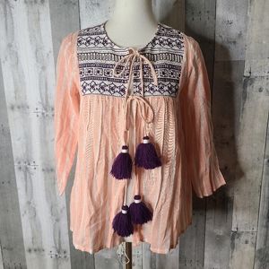 Hemant & Nandita XS Striped Embroidered Tassle Tie Front Top